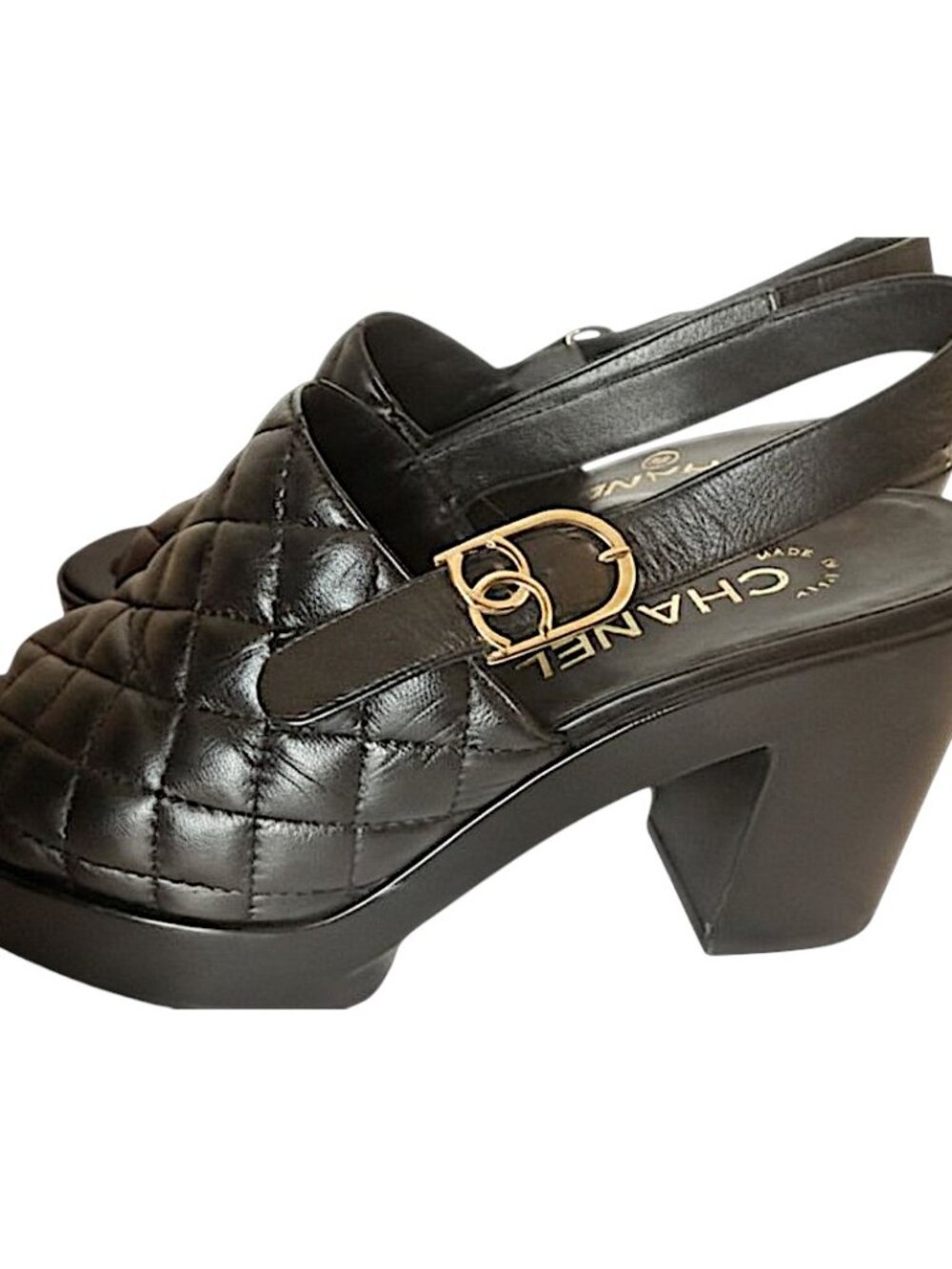 CHANEL CC LOGO QUILTED LAMBSKIN SLINGBACK BLOCK HEEL SANDALS BLACK 38 - Picture 3 of 14